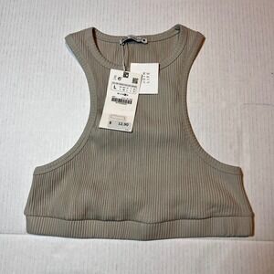Zara Ribbed Cropped‎ Tank Top Racerback Sleeveless Beige Size L